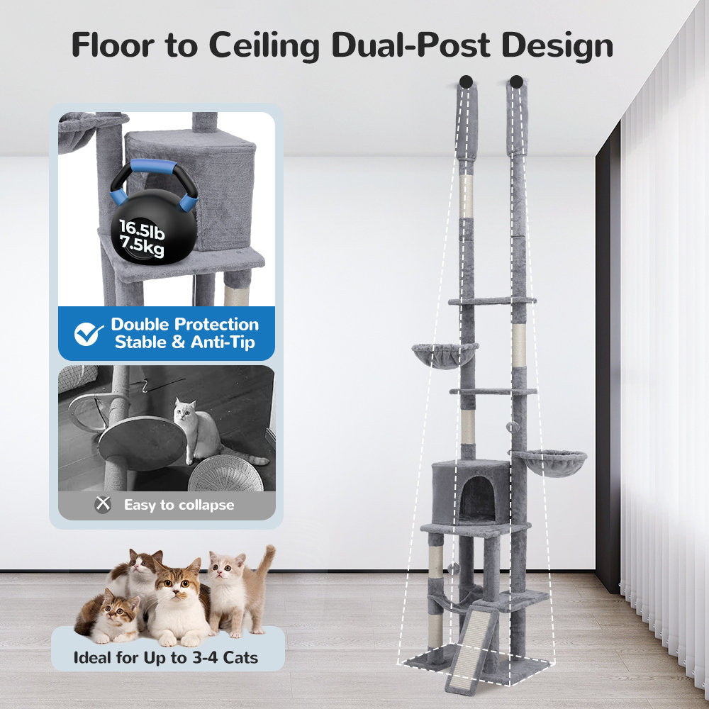 Gardol 114"H Cat Tree, Adjustable Height 85.6-114In Floor to Ceiling Cat Tower.