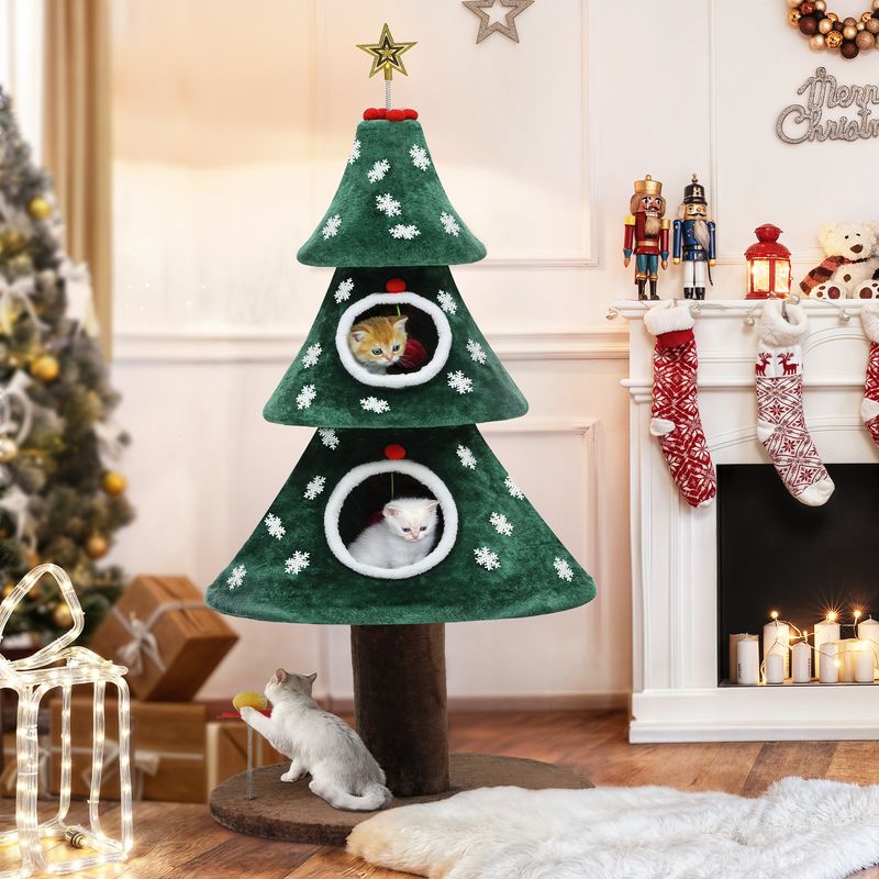 Uforic 52" H Large Christmas Cat Tree,2 Cat House with Plush Ball, Green