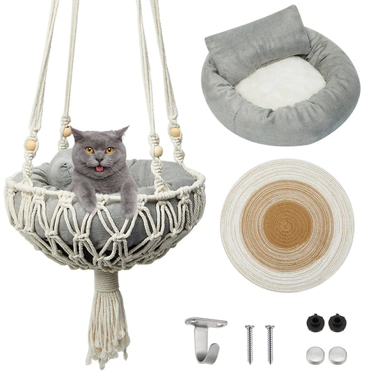 3 Pcs Macrame Cat Hammock Set for Small Cats and Dogs