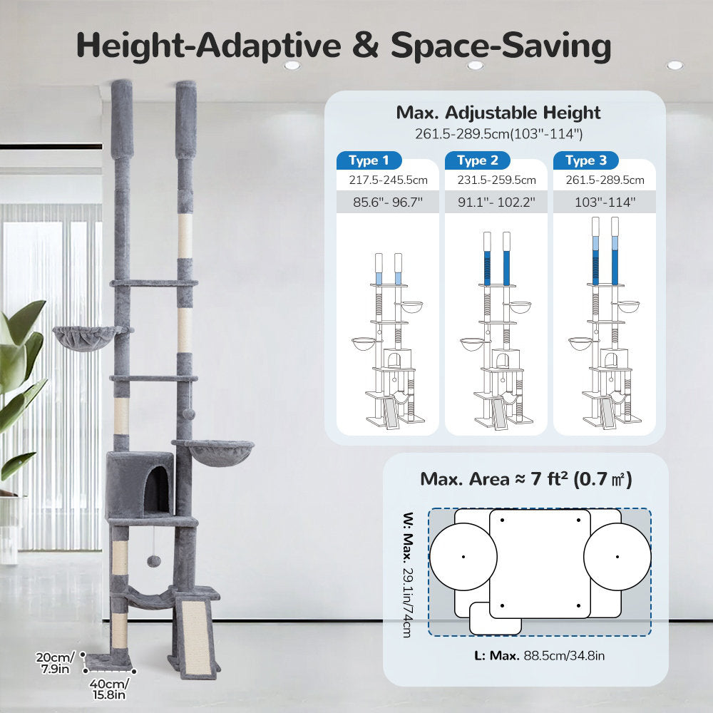 Gardol 114"H Cat Tree, Adjustable Height 85.6-114In Floor to Ceiling Cat Tower.