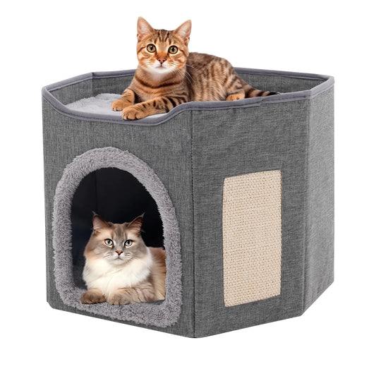 Cat House with Scratch Pad-Foldable Indoor Cat Cave Hideawa
