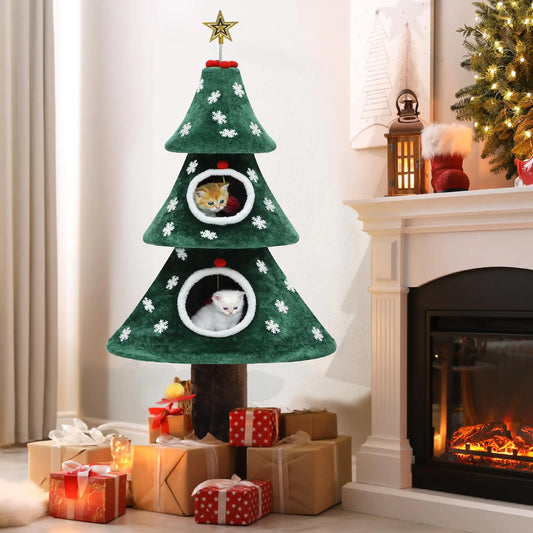 Uforic 52" H Large Christmas Cat Tree,2 Cat House with Plush Ball, Green